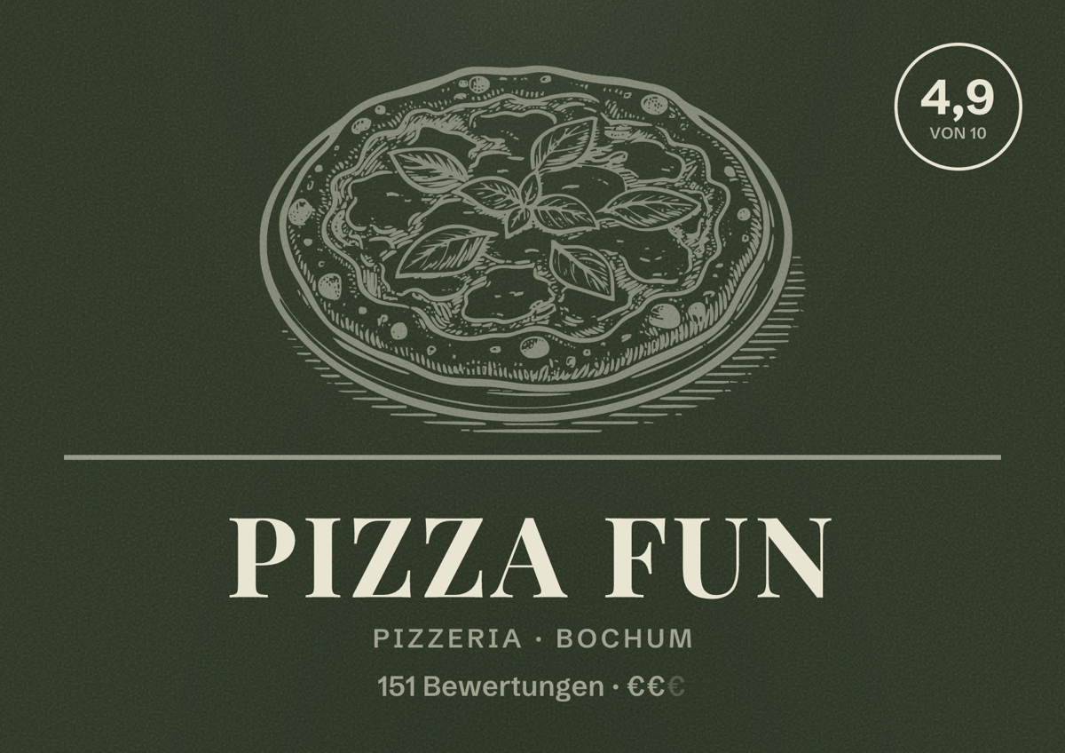 Illustriertes Poster von Pizza Fun, Pizzeria in Bochum: Bewertung 4,9 von 10 aus 151 Bewertungen, Preisniveau €€