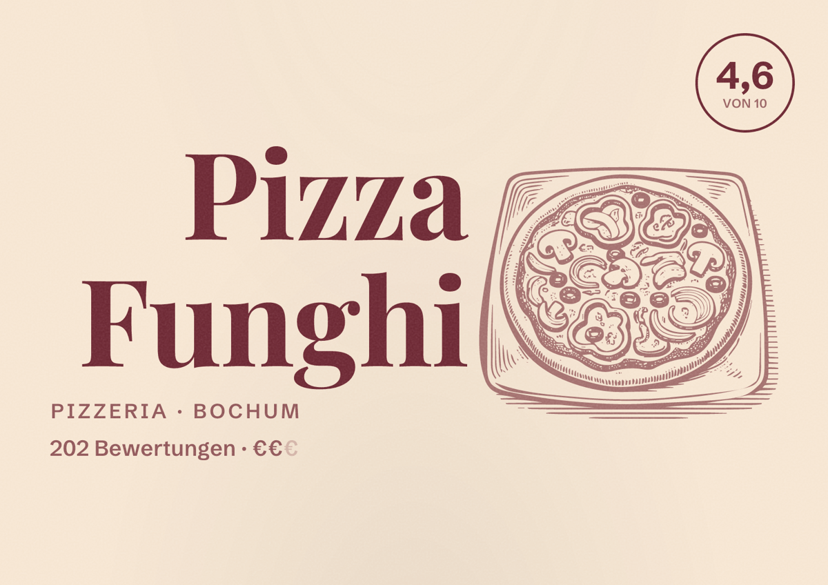Illustriertes Poster von Pizza Funghi, Pizzeria in Bochum: Bewertung 4,7 von 10 aus 202 Bewertungen, Preisniveau €€