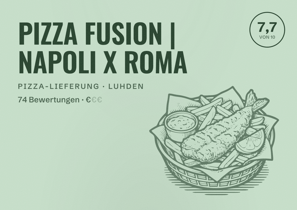 Illustriertes Poster von PIZZA FUSION | NAPOLI X ROMA, Pizza-Lieferung in Luhden: Bewertung 7,7 von 10 aus 74 Bewertungen, Preisniveau €