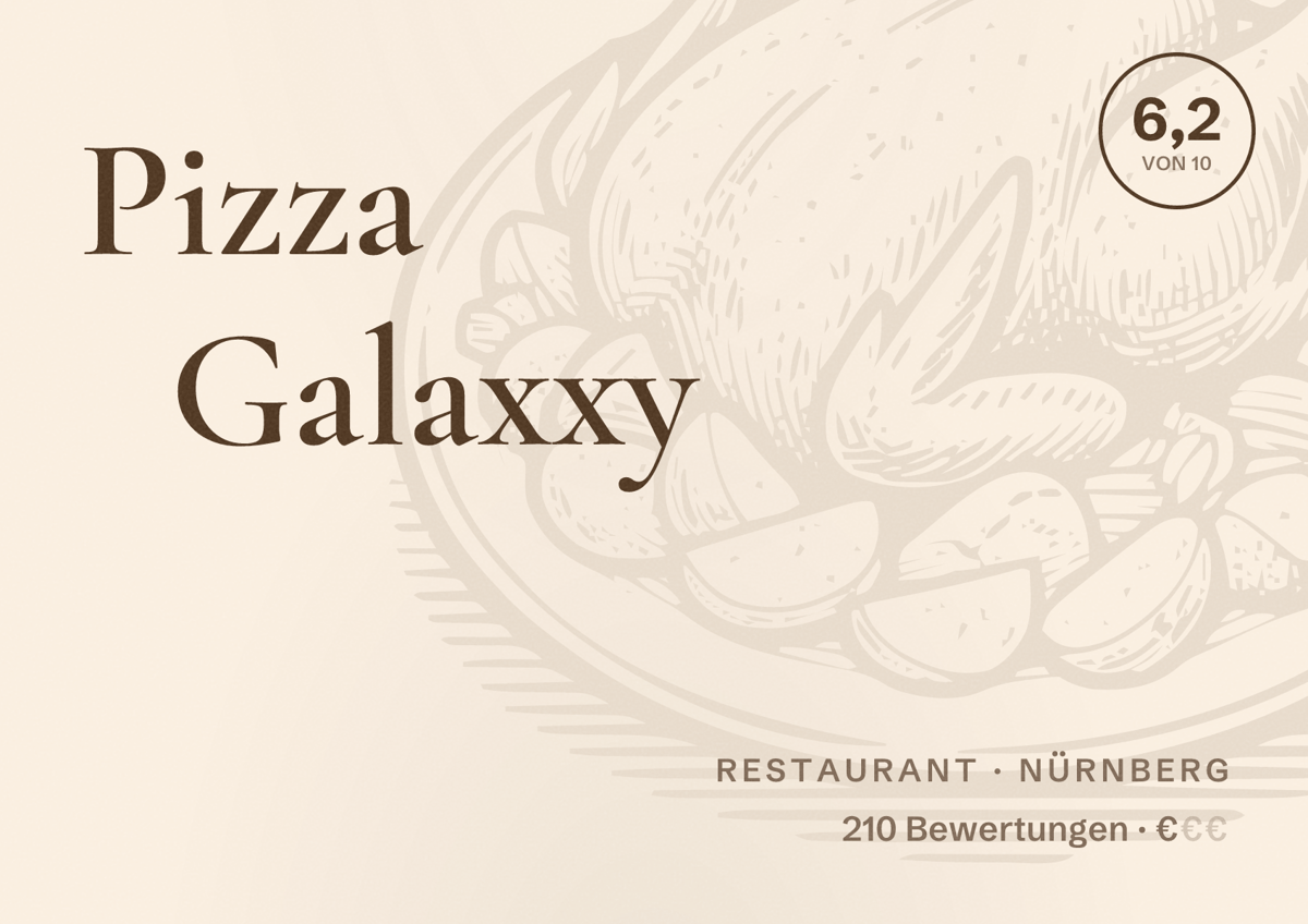 Illustriertes Poster von Pizza Galaxxy, Restaurant in Nürnberg: Bewertung 6,2 von 10 aus 210 Bewertungen, Preisniveau €