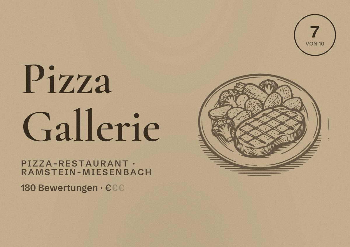 Illustriertes Poster von Pizza Gallerie, Pizza-Restaurant in Ramstein-Miesenbach: Bewertung 7 von 10 aus 180 Bewertungen, Preisniveau €