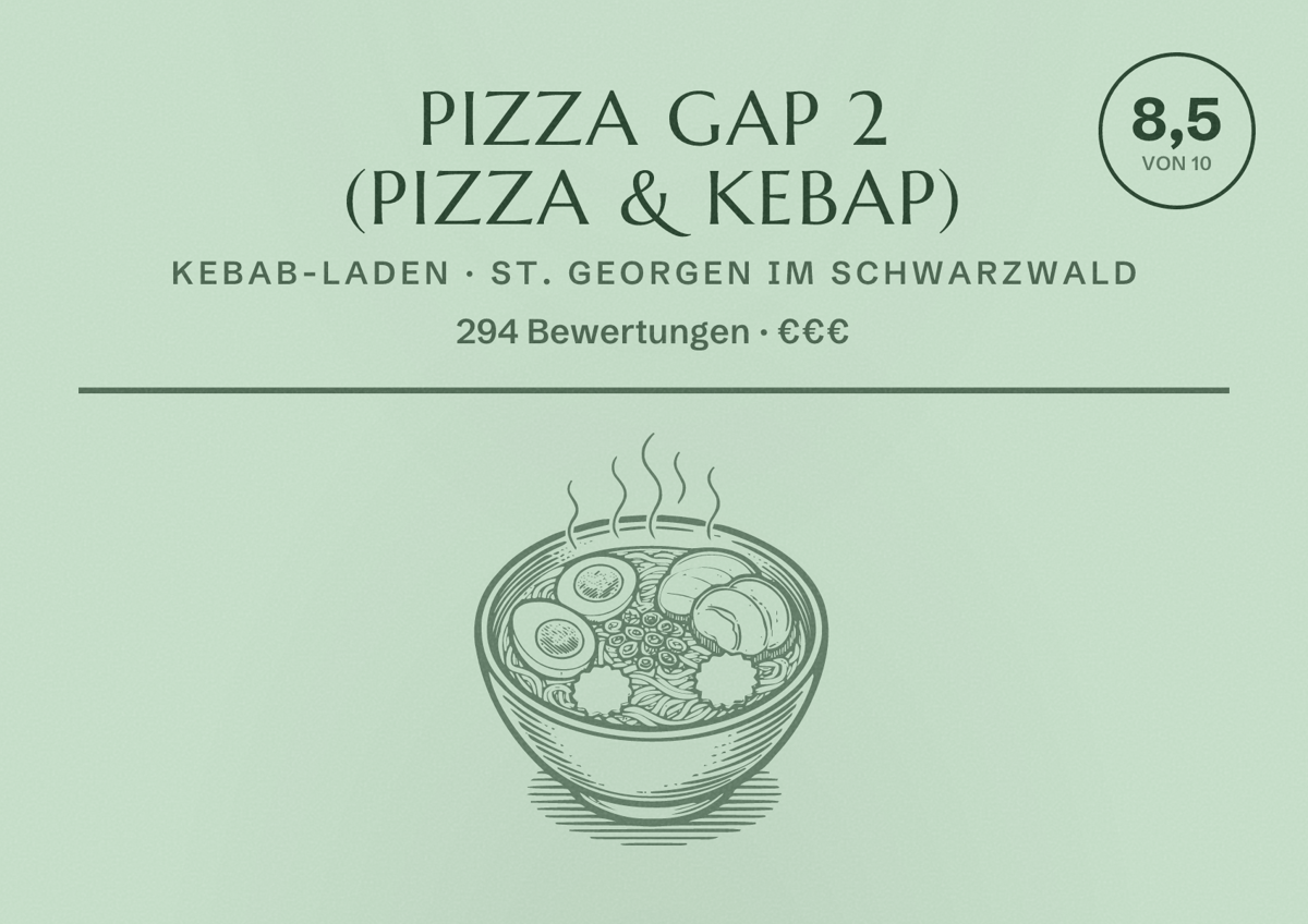 Illustriertes Poster von Pizza GAP 2 (Pizza & Kebap), Kebab-Laden in St. Georgen im Schwarzwald: Bewertung 8,5 von 10 aus 294 Bewertungen, Preisniveau €€€