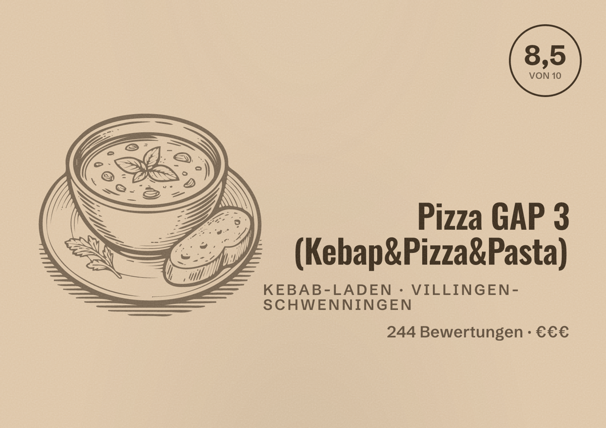 Illustriertes Poster von Pizza GAP 3 (Kebap&Pizza&Pasta), Kebab-Laden in Villingen-Schwenningen: Bewertung 8,5 von 10 aus 244 Bewertungen, Preisniveau €€€