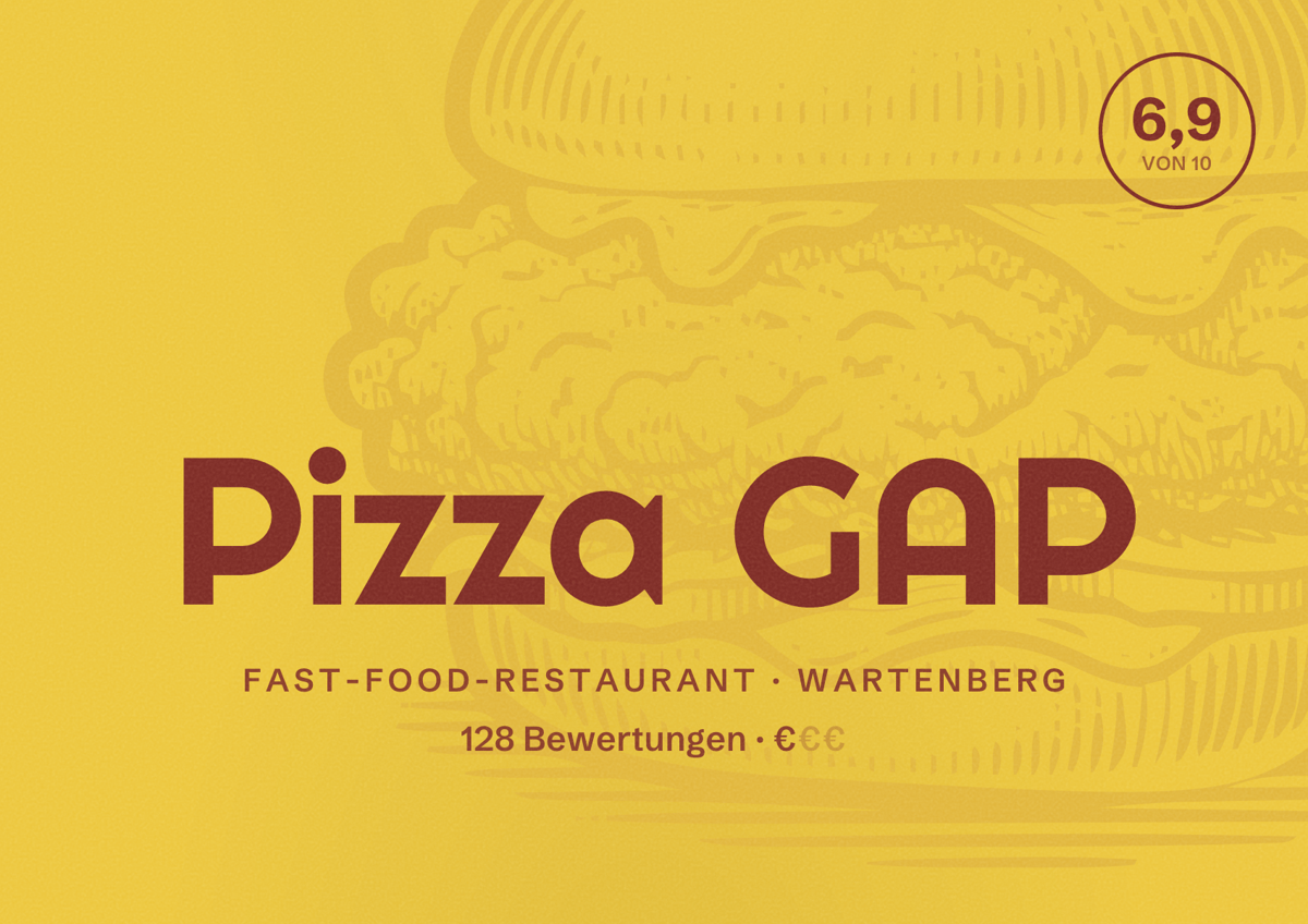 Illustriertes Poster von Pizza GAP, Fast-Food-Restaurant in Wartenberg: Bewertung 6,9 von 10 aus 128 Bewertungen, Preisniveau €