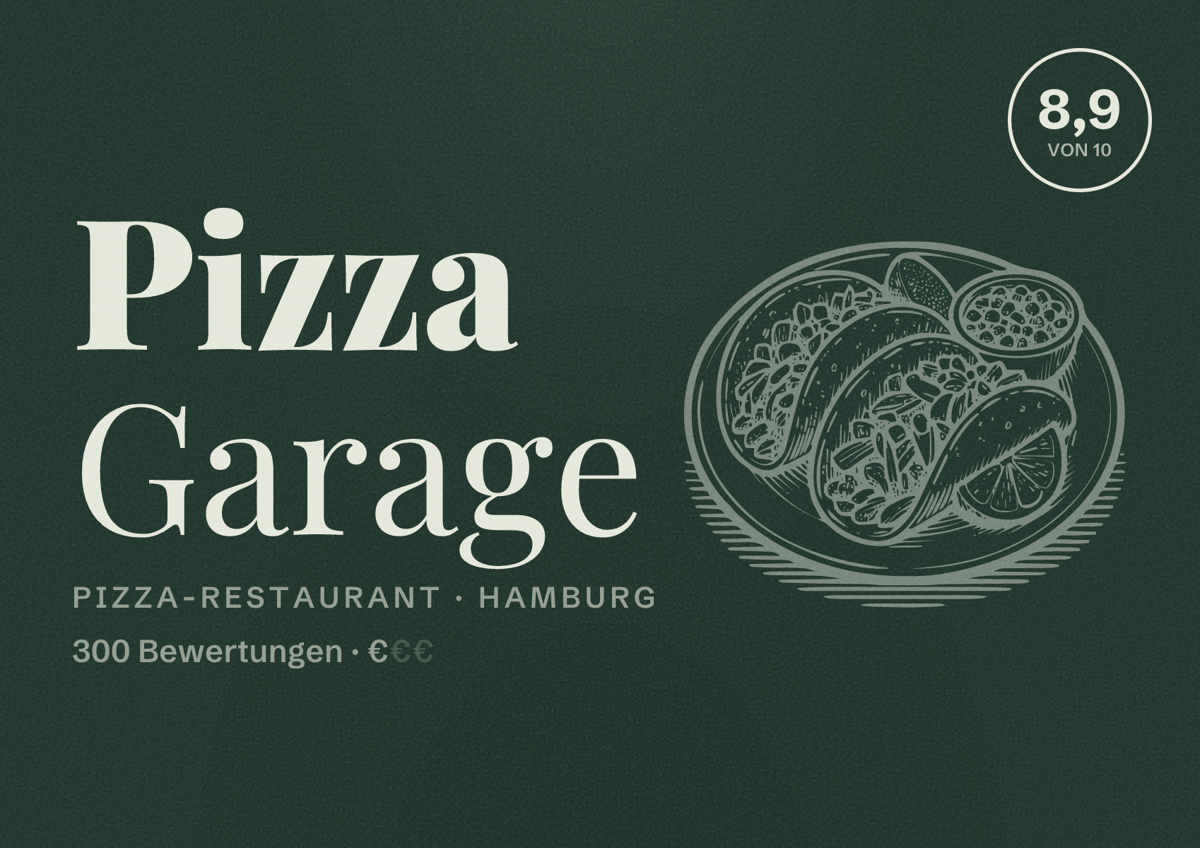 Illustriertes Poster von Pizza Garage, Pizza-Restaurant in Hamburg: Bewertung 8,9 von 10 aus 300 Bewertungen, Preisniveau €