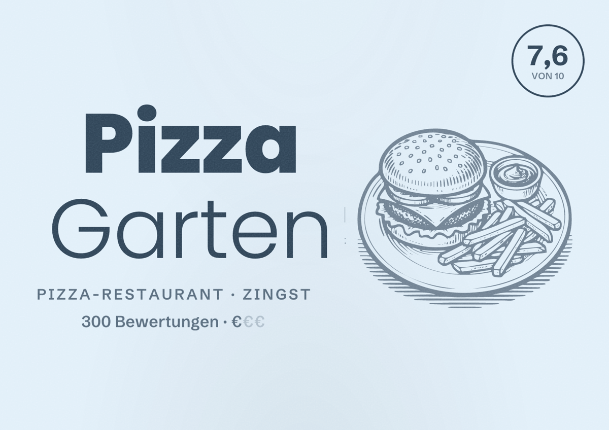 Illustriertes Poster von Pizza Garten, Pizza-Restaurant in Zingst: Bewertung 7,6 von 10 aus 300 Bewertungen, Preisniveau €