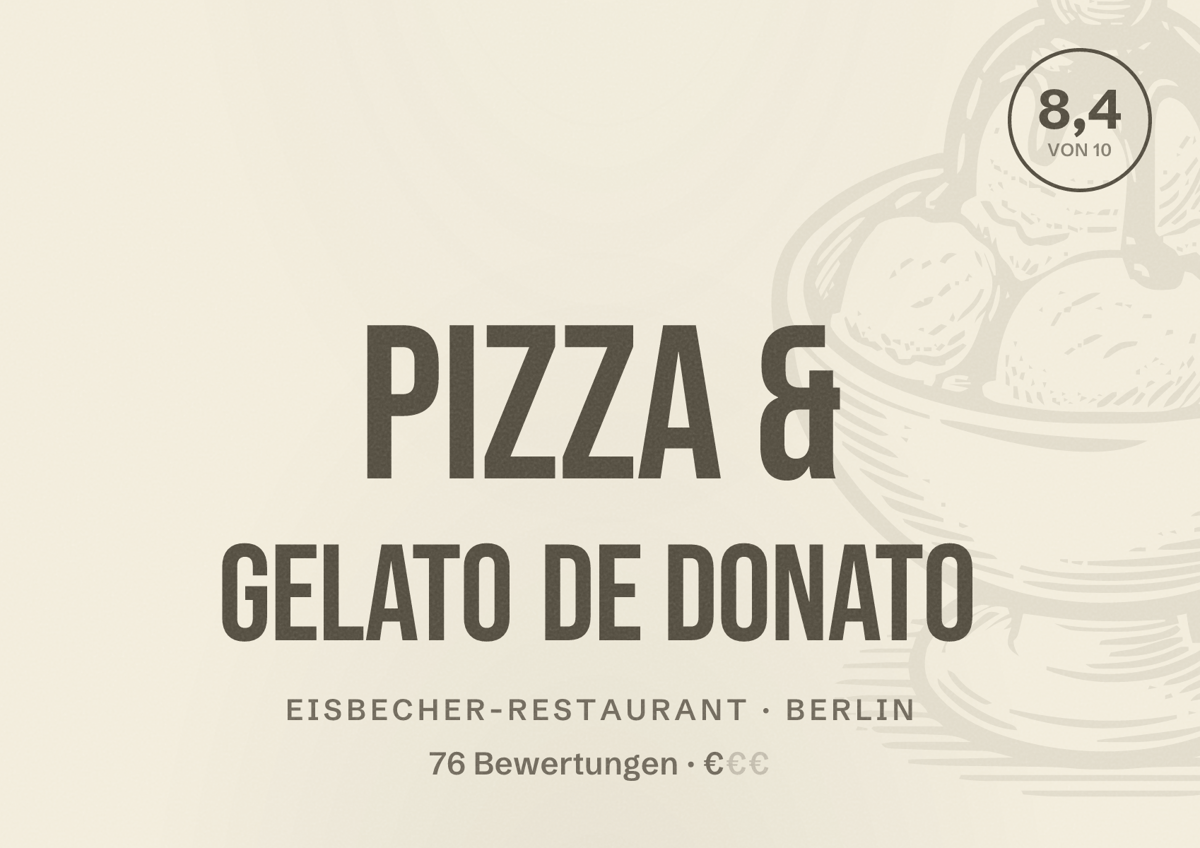 Illustriertes Poster von Pizza & Gelato de Donato, Eisbecher-Restaurant in Berlin: Bewertung 8,4 von 10 aus 76 Bewertungen, Preisniveau €
