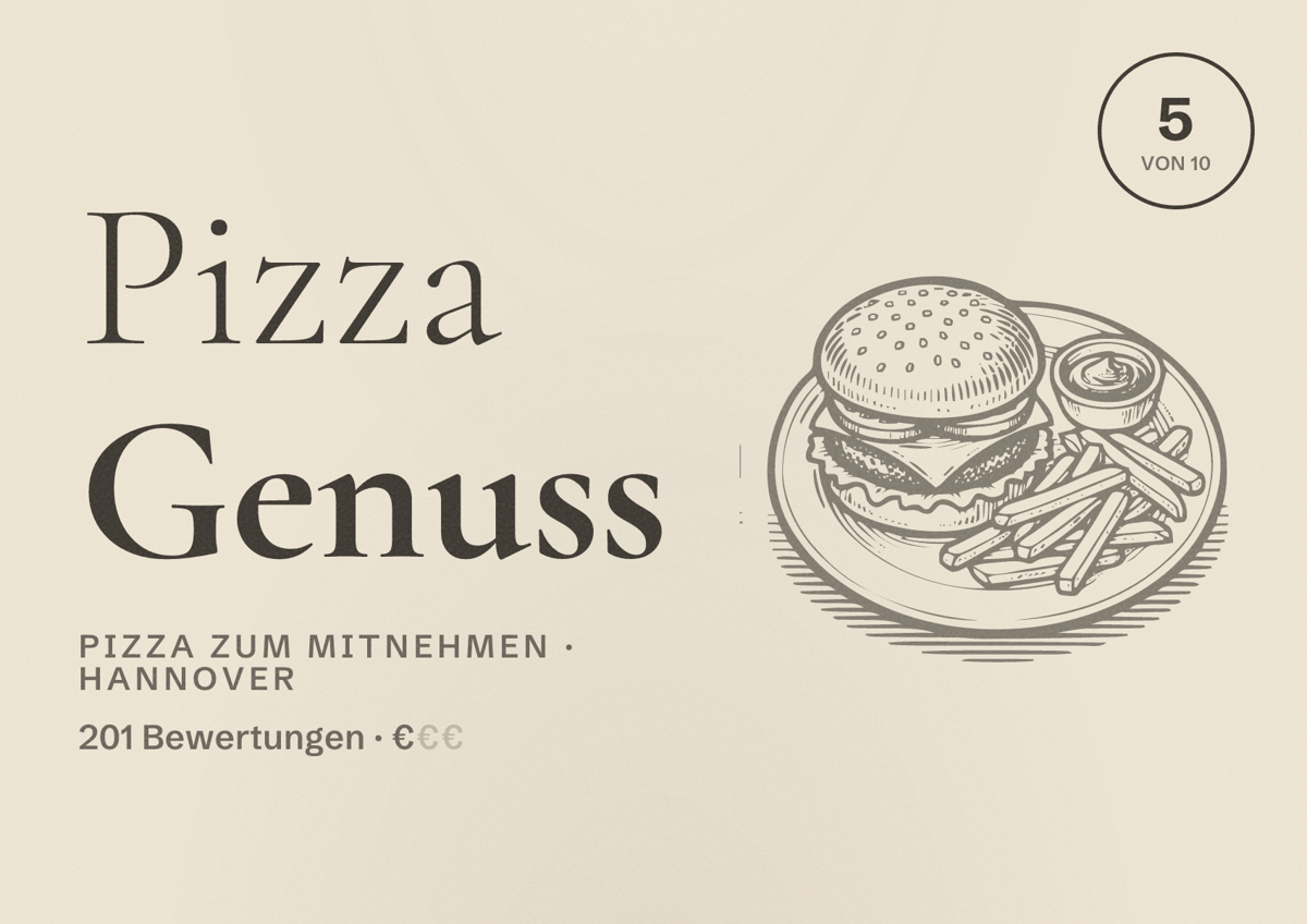 Illustriertes Poster von Pizza Genuss, Pizza zum Mitnehmen in Hannover: Bewertung 5 von 10 aus 201 Bewertungen, Preisniveau €