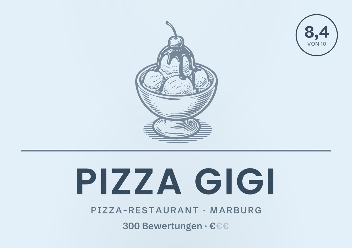 Illustriertes Poster von Pizza Gigi, Pizza-Restaurant in Marburg: Bewertung 8,4 von 10 aus 300 Bewertungen, Preisniveau €