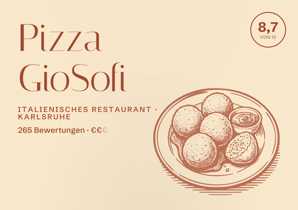 Illustriertes Poster von Pizza GioSofi, Italienisches Restaurant in Karlsruhe: Bewertung 8,7 von 10 aus 265 Bewertungen, Preisniveau €€