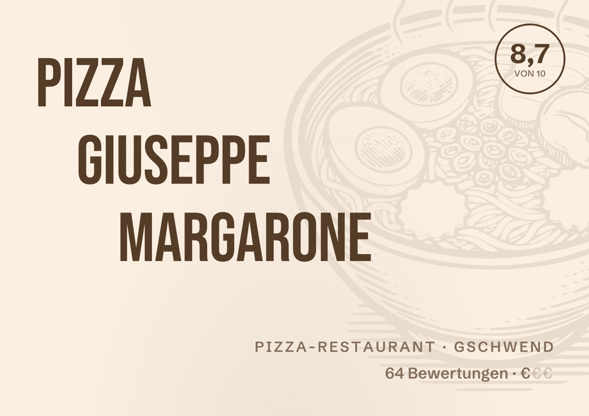 Illustriertes Poster von Pizza Giuseppe Margarone, Pizza-Restaurant in Gschwend: Bewertung 8,7 von 10 aus 64 Bewertungen, Preisniveau €