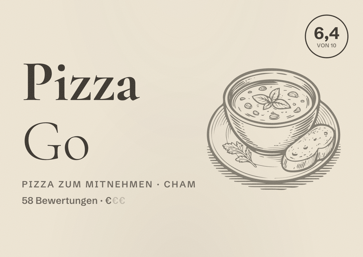 Illustriertes Poster von Pizza Go, Pizza zum Mitnehmen in Cham: Bewertung 6,4 von 10 aus 58 Bewertungen, Preisniveau €