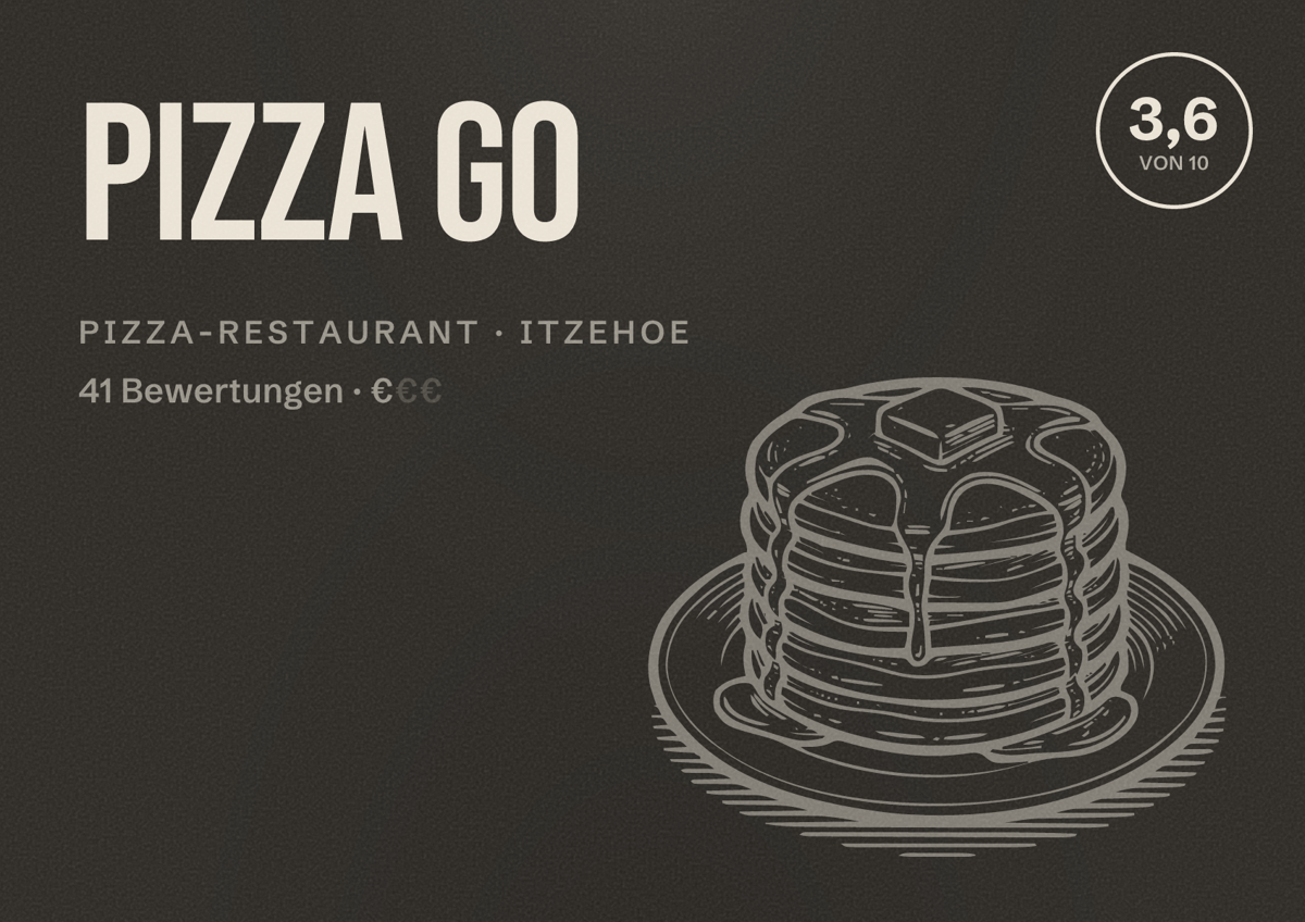 Illustriertes Poster von Pizza Go, Pizza-Restaurant in Itzehoe: Bewertung 3,6 von 10 aus 41 Bewertungen, Preisniveau €