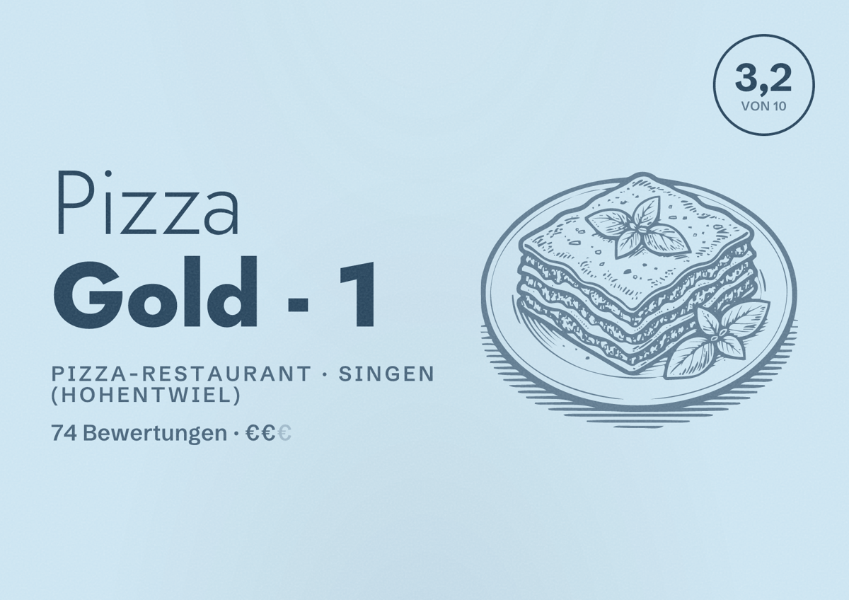 Illustriertes Poster von Pizza Gold - 1, Pizza-Restaurant in Singen (Hohentwiel): Bewertung 3,2 von 10 aus 74 Bewertungen, Preisniveau €€