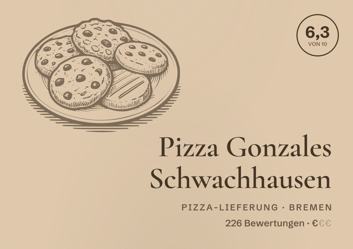 Illustriertes Poster von Pizza Gonzales Schwachhausen, Pizza-Lieferung in Bremen: Bewertung 6,3 von 10 aus 226 Bewertungen, Preisniveau €