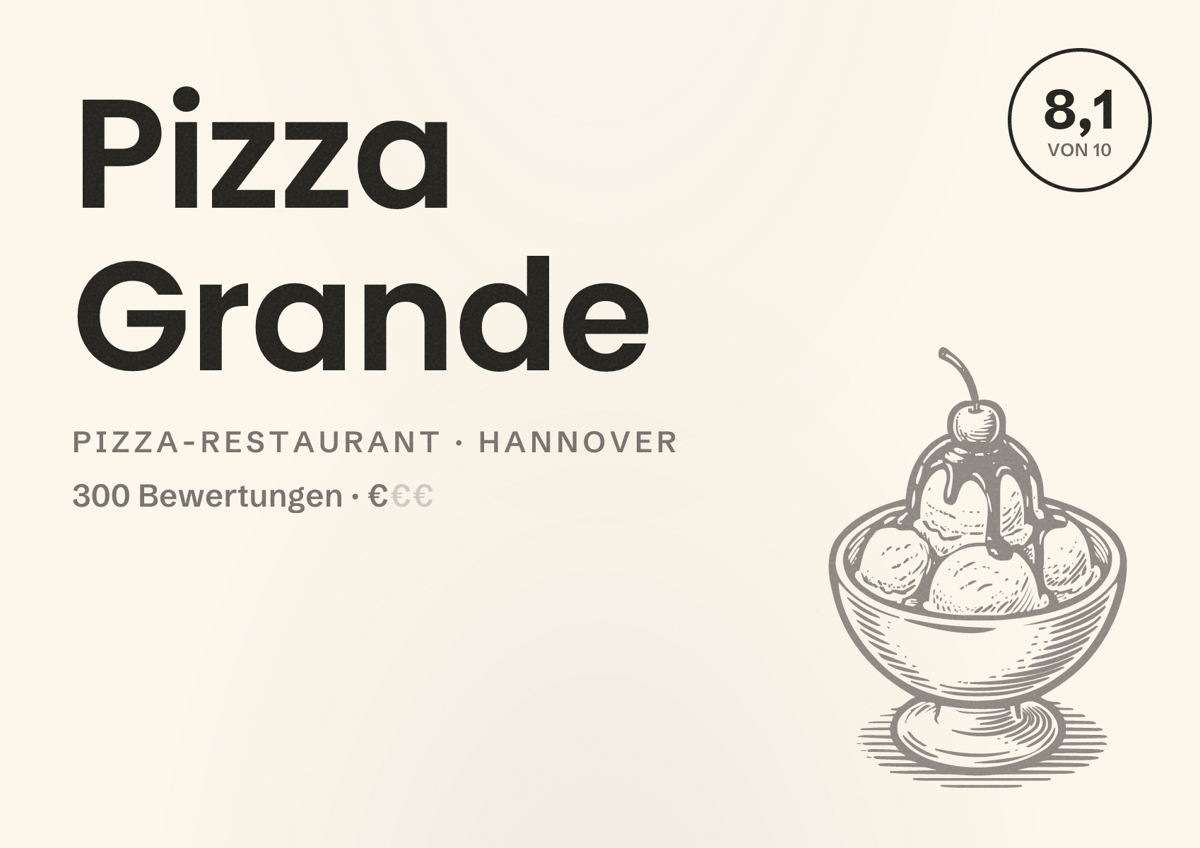 Illustriertes Poster von Pizza Grande, Pizza-Restaurant in Hannover: Bewertung 8,1 von 10 aus 300 Bewertungen, Preisniveau €