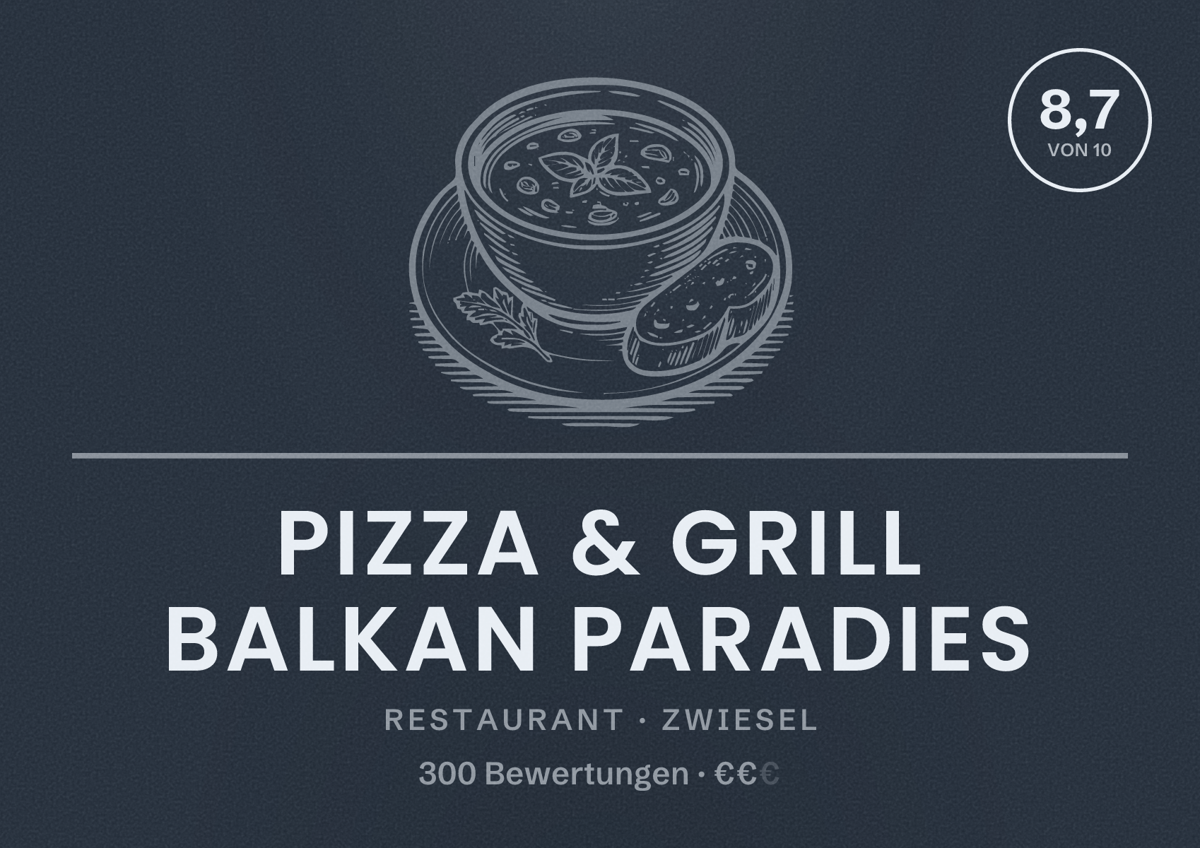 Illustriertes Poster von Pizza & Grill Balkan Paradies, Restaurant in Zwiesel: Bewertung 8,7 von 10 aus 300 Bewertungen, Preisniveau €€