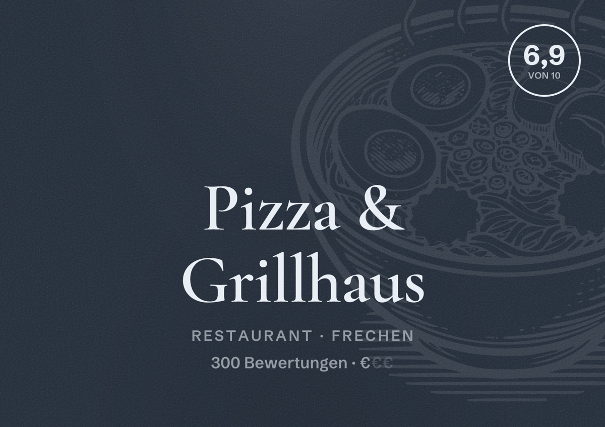 Illustriertes Poster von Pizza & Grillhaus, Restaurant in Frechen: Bewertung 6,9 von 10 aus 300 Bewertungen, Preisniveau €