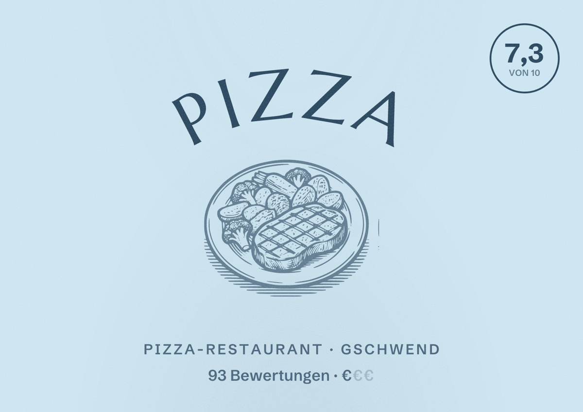 Illustriertes Poster von Pizza, Pizza-Restaurant in Gschwend: Bewertung 7,3 von 10 aus 93 Bewertungen, Preisniveau €