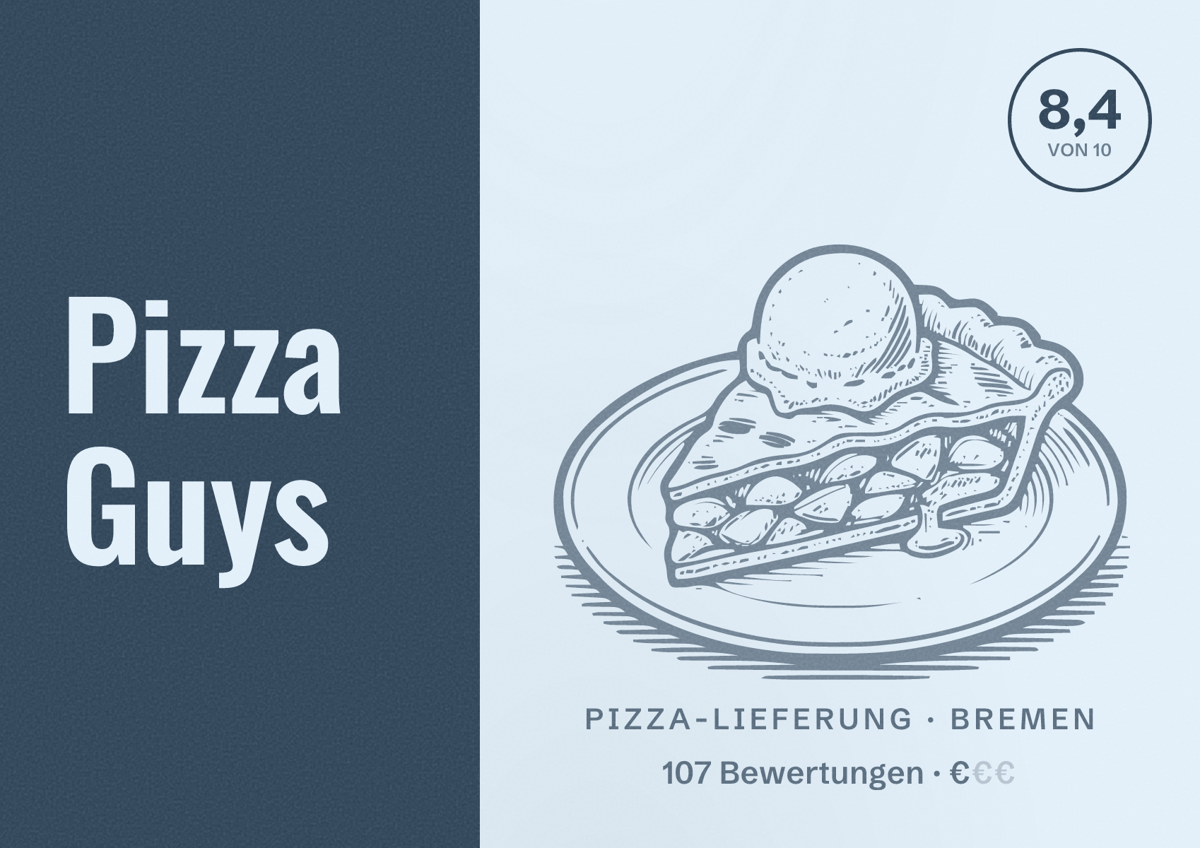 Illustriertes Poster von Pizza Guys, Pizza-Lieferung in Bremen: Bewertung 8,4 von 10 aus 107 Bewertungen, Preisniveau €