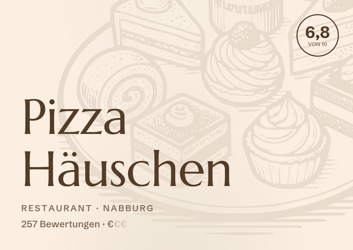 Illustriertes Poster von Pizza Häuschen, Restaurant in Nabburg: Bewertung 6,8 von 10 aus 257 Bewertungen, Preisniveau €