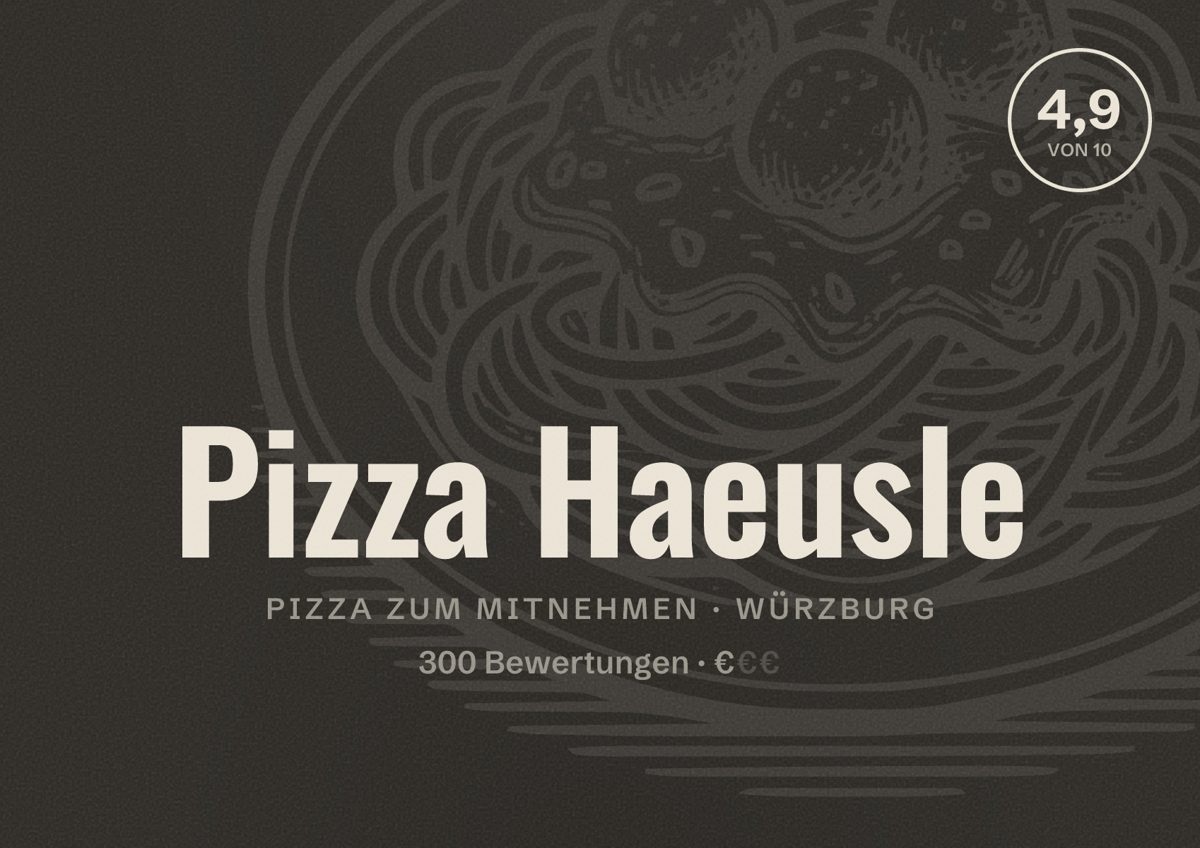 Illustriertes Poster von Pizza Haeusle, Pizza zum Mitnehmen in Würzburg: Bewertung 4,9 von 10 aus 300 Bewertungen, Preisniveau €