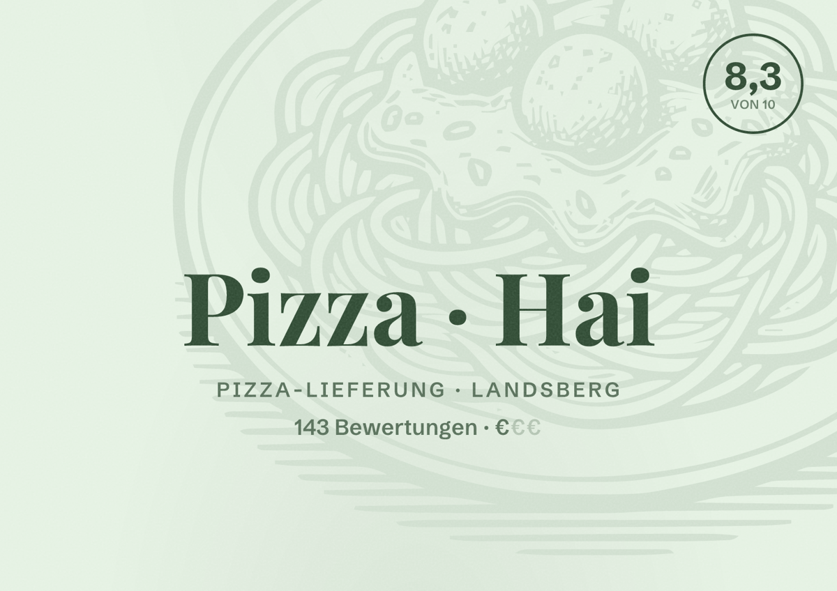 Illustriertes Poster von Pizza Hai, Pizza-Lieferung in Landsberg: Bewertung 8,3 von 10 aus 143 Bewertungen, Preisniveau €