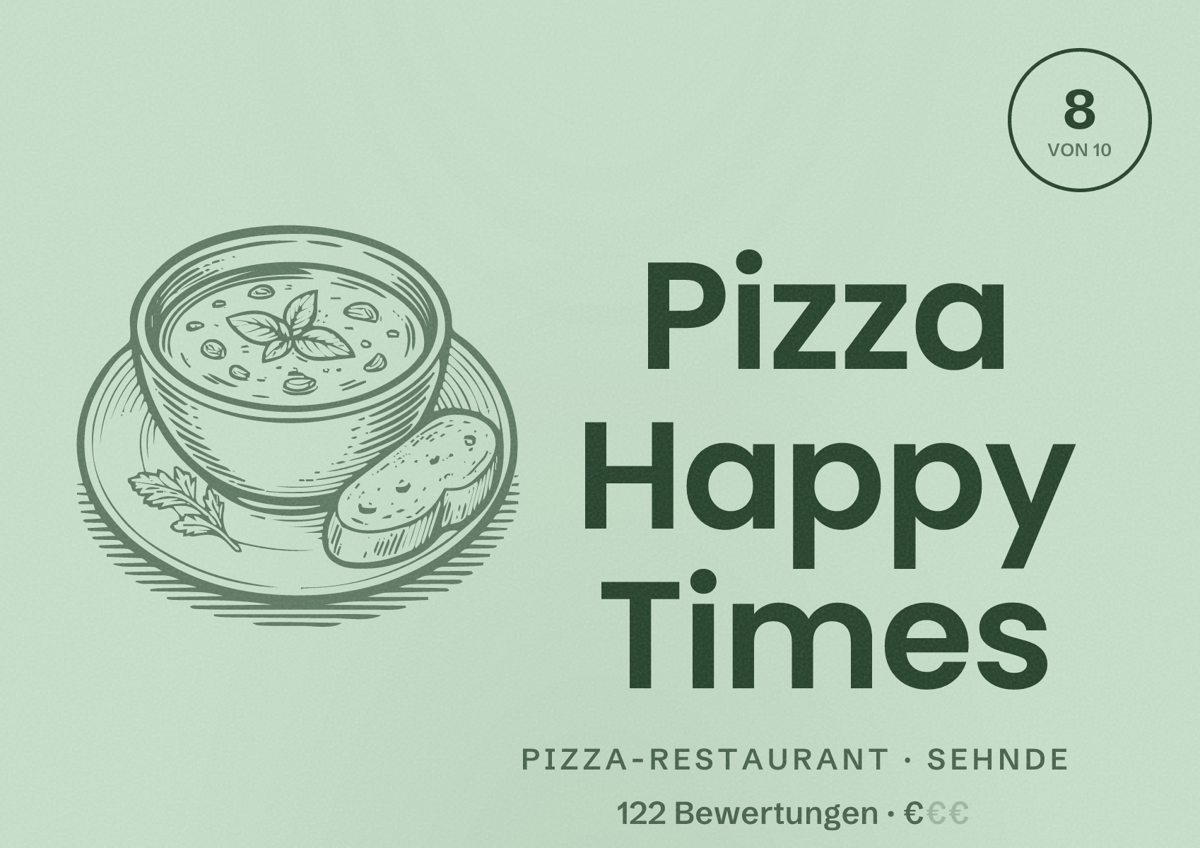 Illustriertes Poster von Pizza Happy Times, Pizza-Restaurant in Sehnde: Bewertung 8 von 10 aus 122 Bewertungen, Preisniveau €