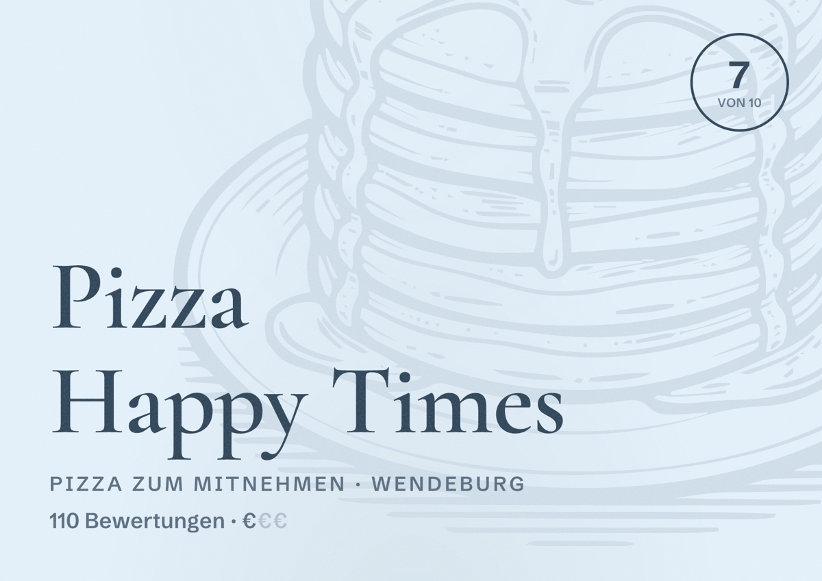 Illustriertes Poster von Pizza Happy Times, Pizza zum Mitnehmen in Wendeburg: Bewertung 7 von 10 aus 110 Bewertungen, Preisniveau €