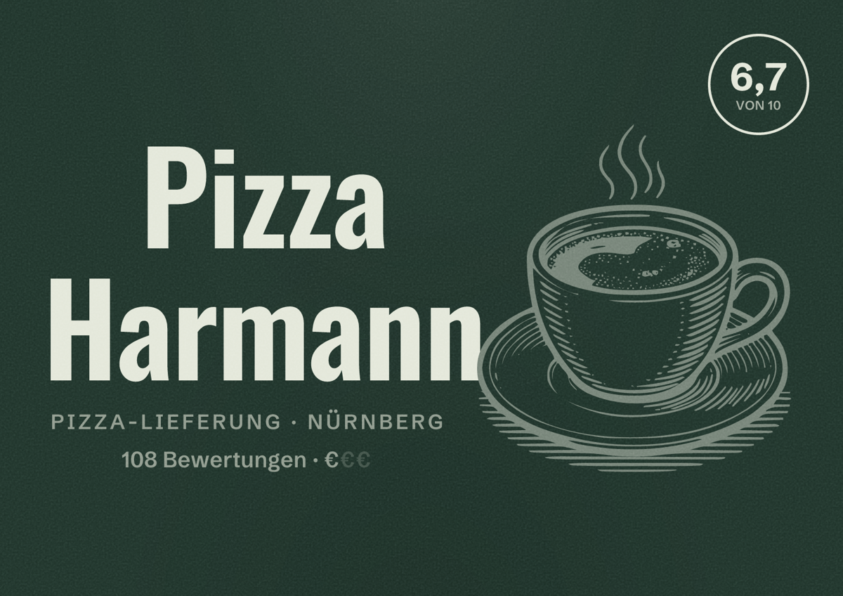 Illustriertes Poster von Pizza Harmann, Pizza-Lieferung in Nürnberg: Bewertung 6,7 von 10 aus 108 Bewertungen, Preisniveau €