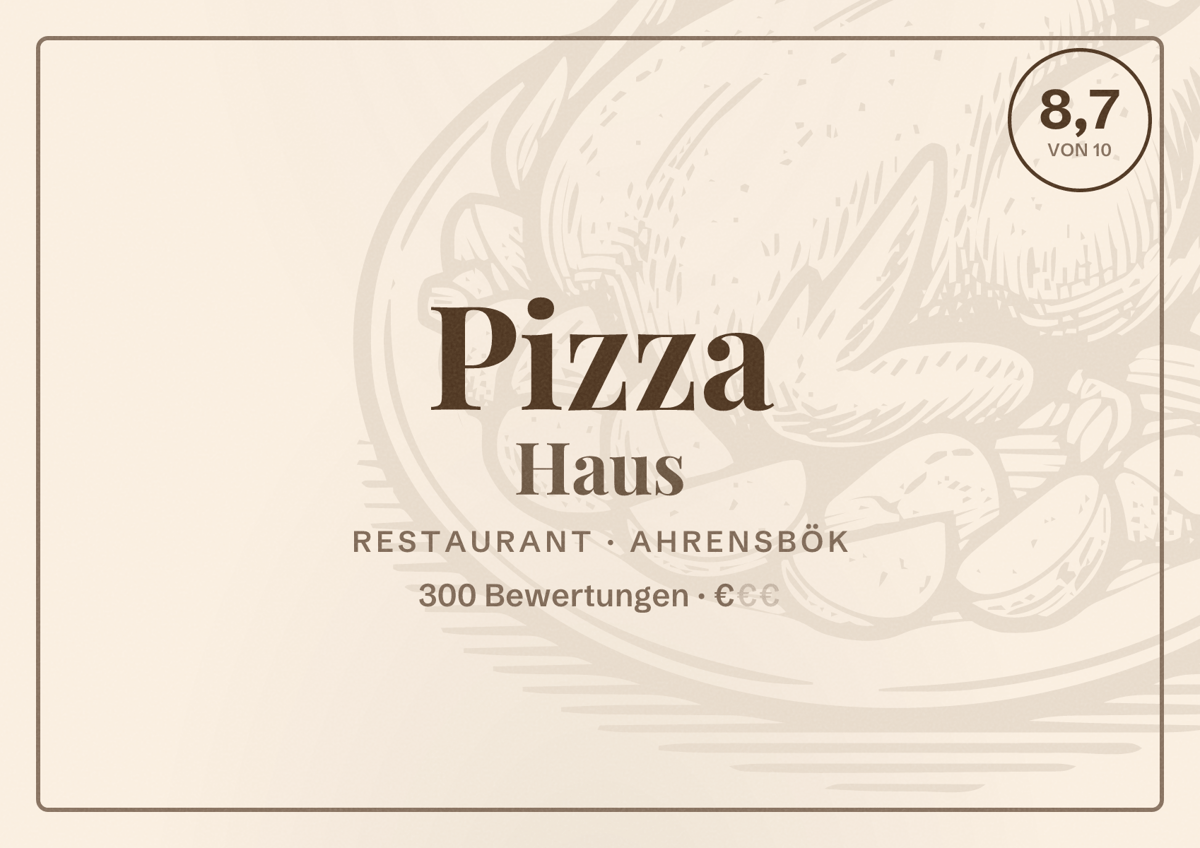 Illustriertes Poster von Pizza Haus, Restaurant in Ahrensbök: Bewertung 8,7 von 10 aus 300 Bewertungen, Preisniveau €