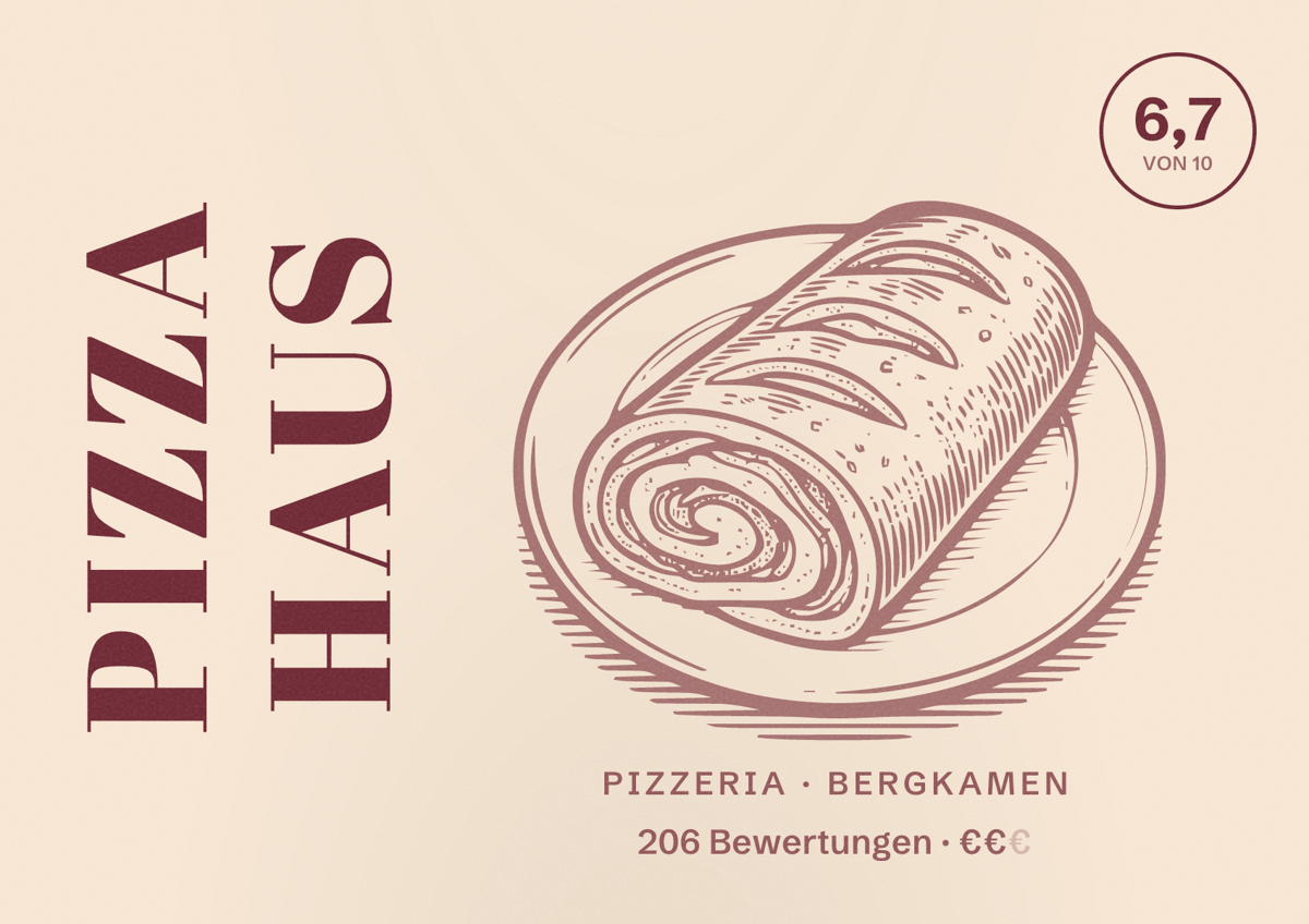 Illustriertes Poster von Pizza Haus, Pizzeria in Bergkamen: Gästebewertung 6,7 von 10 aus 206 Bewertungen