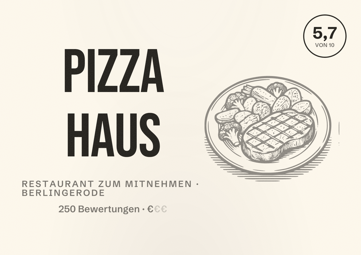 Illustriertes Poster von Pizza Haus, Restaurant zum Mitnehmen in Berlingerode: Bewertung 5,7 von 10 aus 250 Bewertungen, Preisniveau €