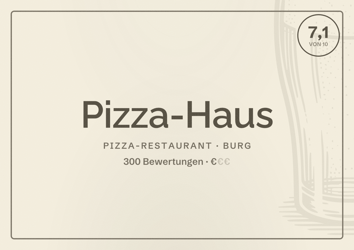 Illustriertes Poster von Pizza-Haus, Pizza-Restaurant in Burg: Bewertung 7,1 von 10 aus 300 Bewertungen, Preisniveau €