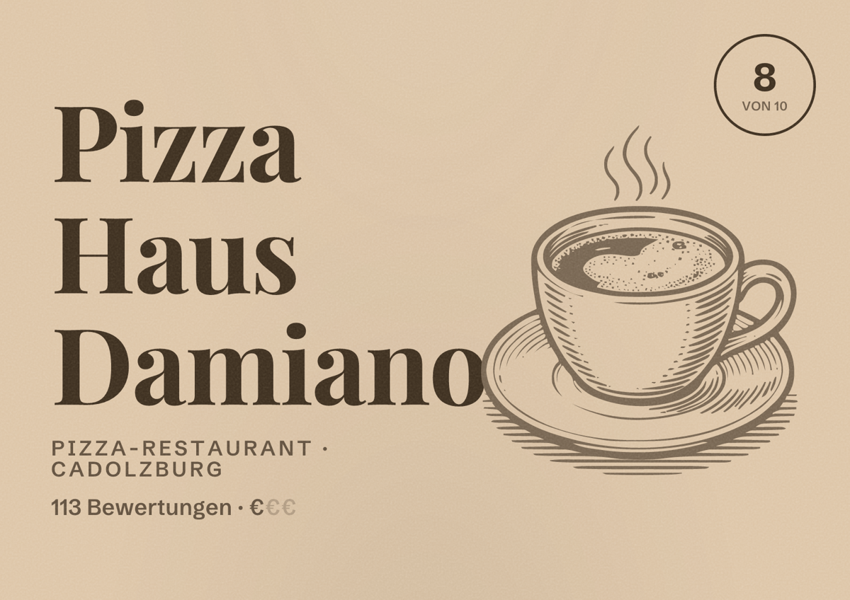 Illustriertes Poster von Pizza Haus Damiano, Pizza-Restaurant in Cadolzburg: Bewertung 8 von 10 aus 113 Bewertungen, Preisniveau €