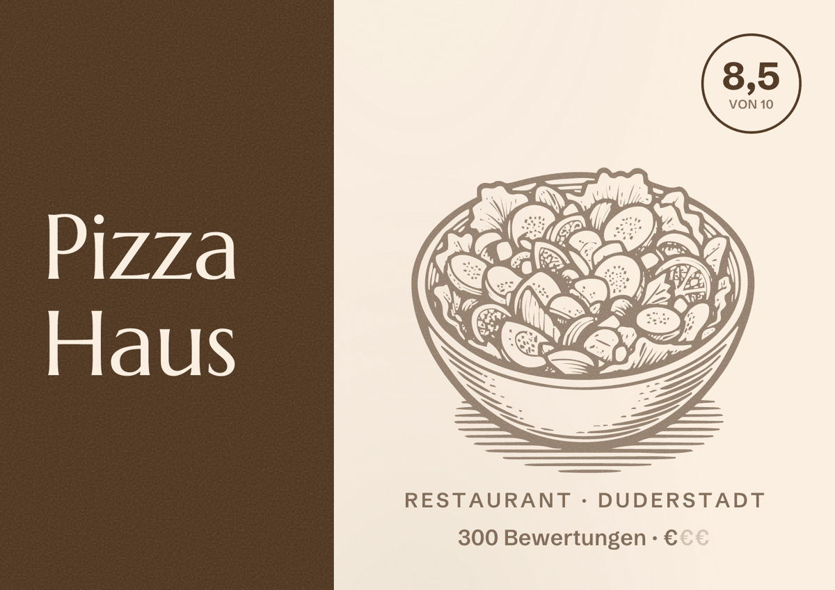 Illustriertes Poster von Pizza Haus, Restaurant in Duderstadt: Bewertung 8,5 von 10 aus 300 Bewertungen, Preisniveau €