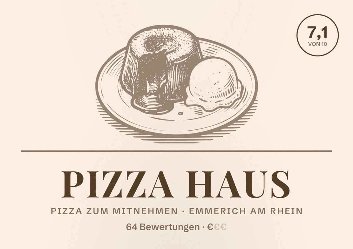 Illustriertes Poster von Pizza Haus, Pizza zum Mitnehmen in Emmerich am Rhein: Bewertung 7,1 von 10 aus 64 Bewertungen, Preisniveau €