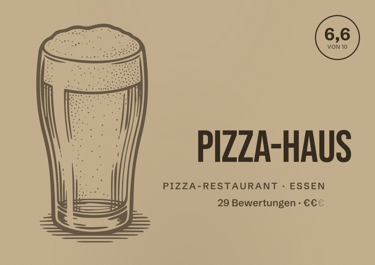 Illustriertes Poster von Pizza-Haus, Pizza-Restaurant in Essen: Bewertung 6,6 von 10 aus 29 Bewertungen, Preisniveau €€