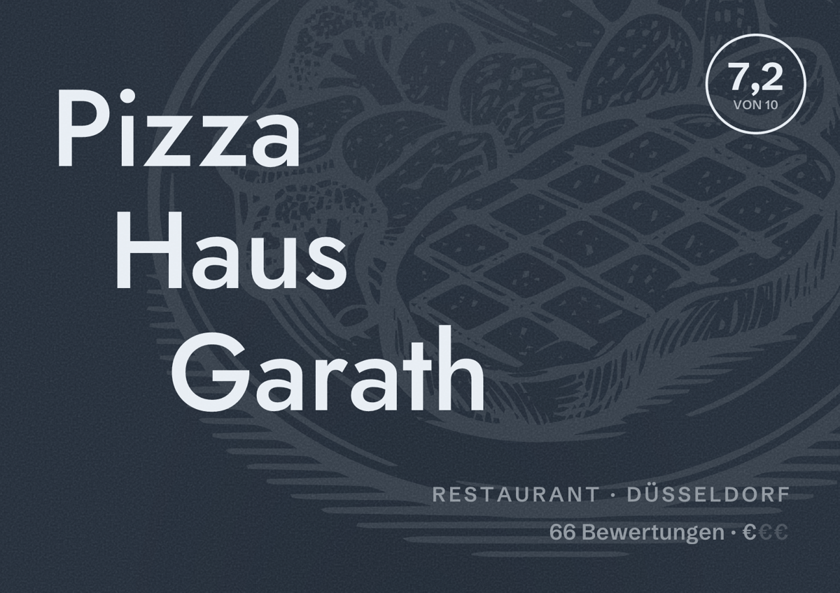 Illustriertes Poster von Pizza Haus Garath, Restaurant in Düsseldorf: Bewertung 7,2 von 10 aus 66 Bewertungen, Preisniveau €