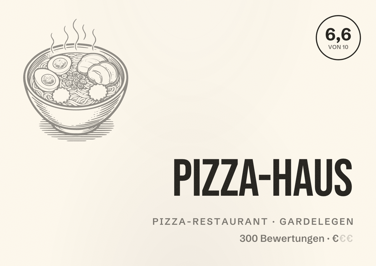 Illustriertes Poster von Pizza-Haus, Pizza-Restaurant in Gardelegen: Bewertung 6,6 von 10 aus 300 Bewertungen, Preisniveau €
