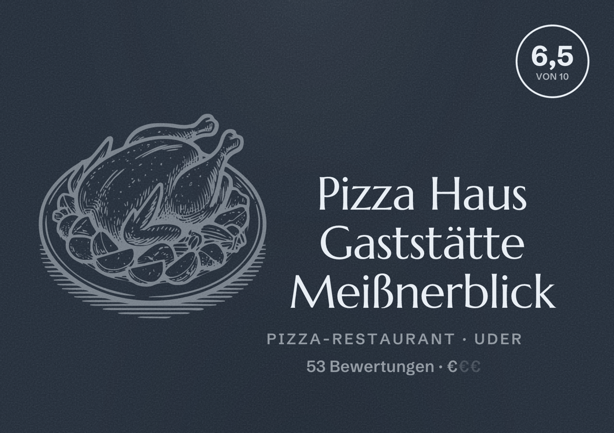 Illustriertes Poster von Pizza Haus Gaststätte Meißnerblick, Pizza-Restaurant in Uder: Bewertung 6,5 von 10 aus 53 Bewertungen, Preisniveau €