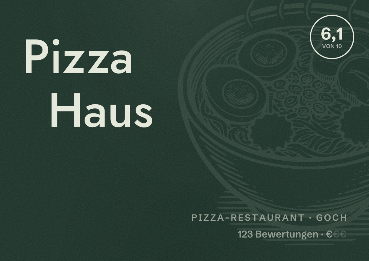 Illustriertes Poster von Pizza Haus, Pizza-Restaurant in Goch: Bewertung 6,1 von 10 aus 123 Bewertungen, Preisniveau €