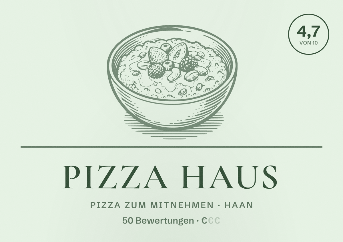 Illustriertes Poster von Pizza Haus, Pizza zum Mitnehmen in Haan: Bewertung 4,7 von 10 aus 50 Bewertungen, Preisniveau €