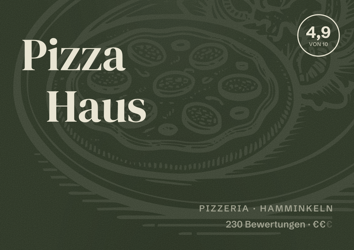 Illustriertes Poster von Pizza Haus, Pizzeria in Hamminkeln: Bewertung 4,9 von 10 aus 230 Bewertungen, Preisniveau €€