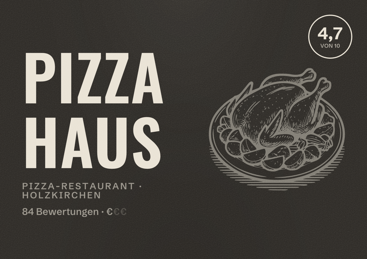 Illustriertes Poster von Pizza Haus, Pizza-Restaurant in Holzkirchen: Bewertung 4,7 von 10 aus 84 Bewertungen, Preisniveau €