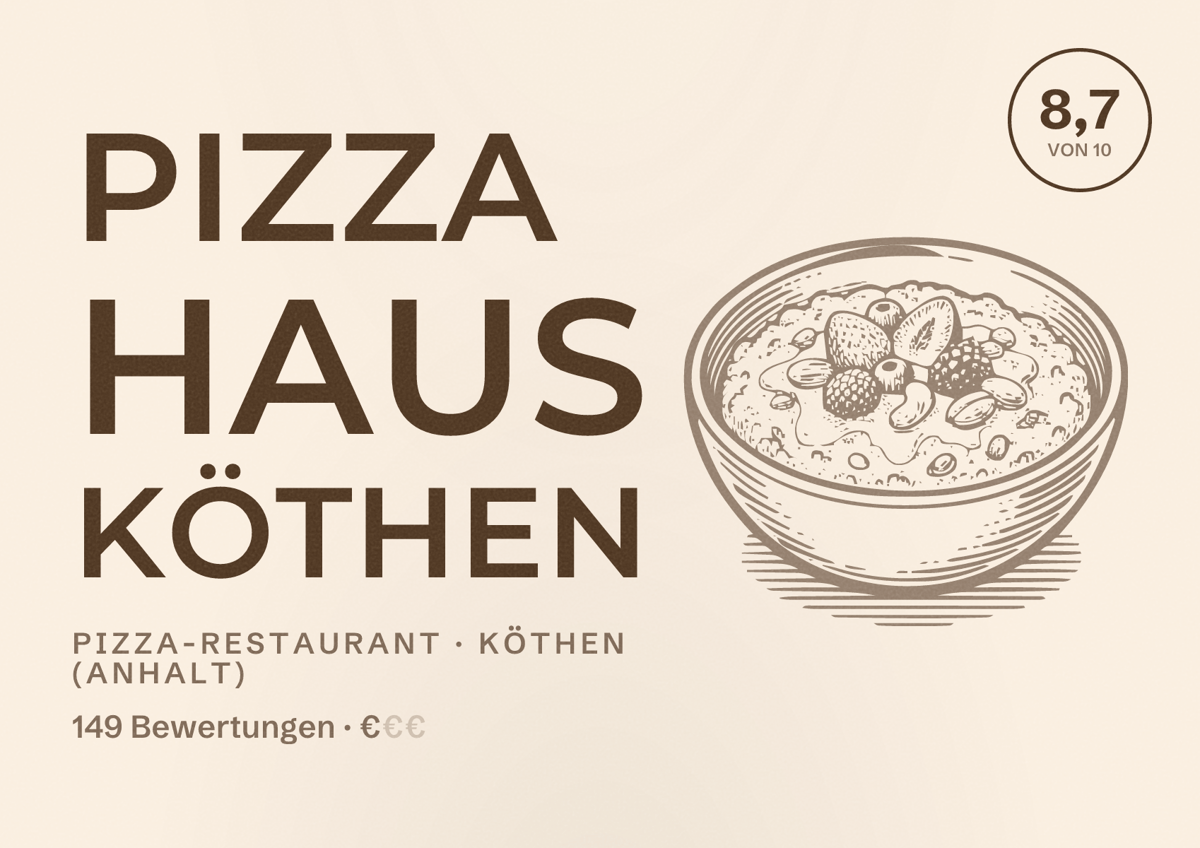 Illustriertes Poster von Pizza Haus Köthen, Pizza-Restaurant in Köthen (Anhalt): Bewertung 8,7 von 10 aus 149 Bewertungen, Preisniveau €