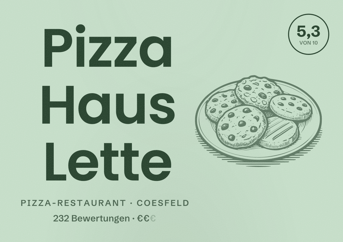 Illustriertes Poster von Pizza Haus Lette, Pizza-Restaurant in Coesfeld: Bewertung 5,3 von 10 aus 232 Bewertungen, Preisniveau €€