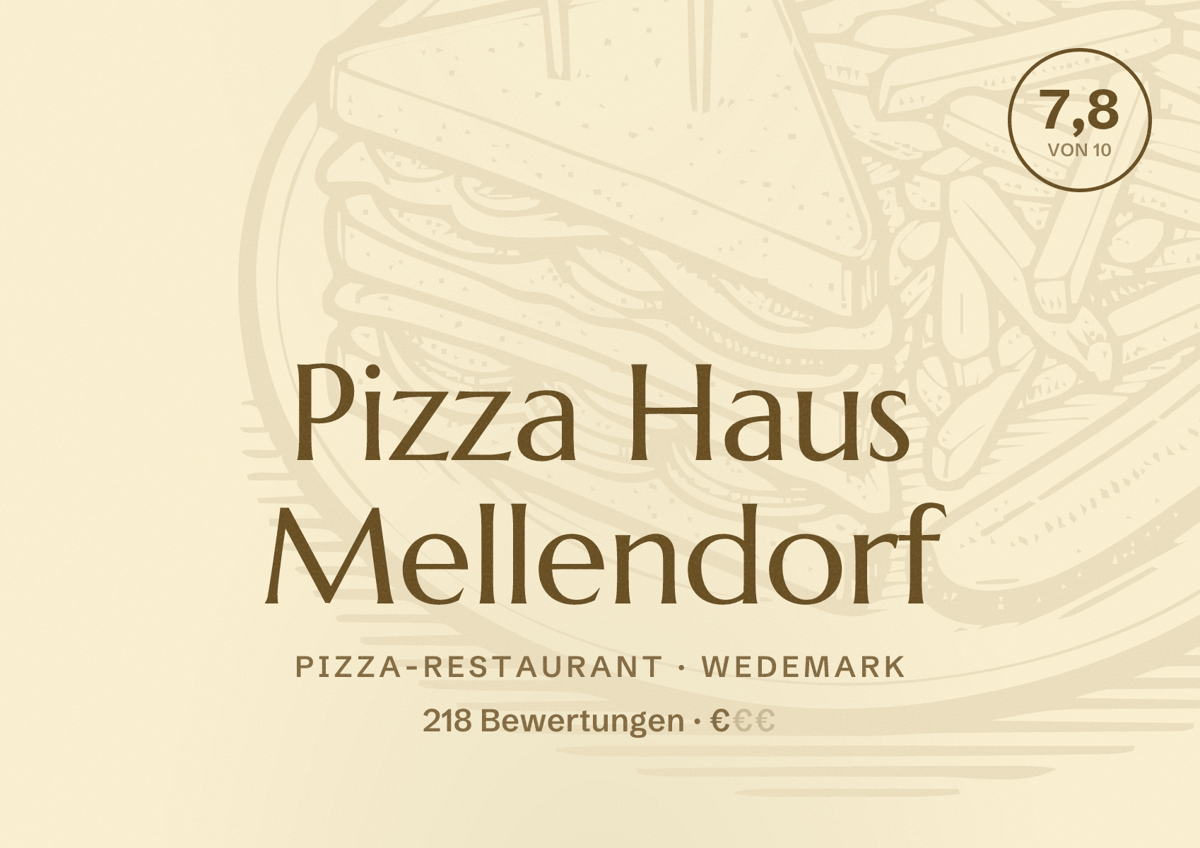 Illustriertes Poster von Pizza Haus Mellendorf, Pizza-Restaurant in Wedemark: Bewertung 7,8 von 10 aus 218 Bewertungen, Preisniveau €