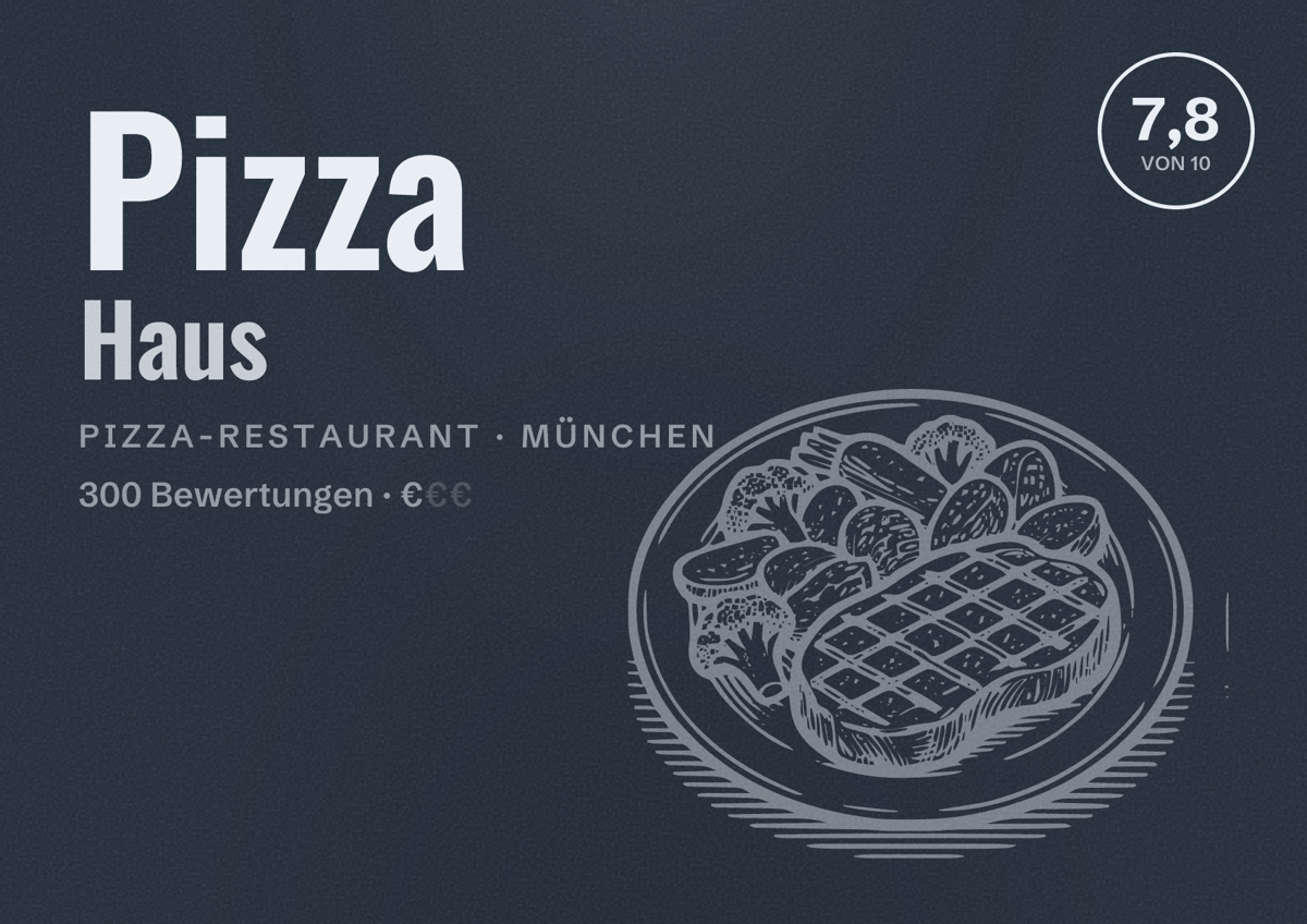 Illustriertes Poster von Pizza Haus, Pizza-Restaurant in München: Bewertung 7,8 von 10 aus 300 Bewertungen, Preisniveau €
