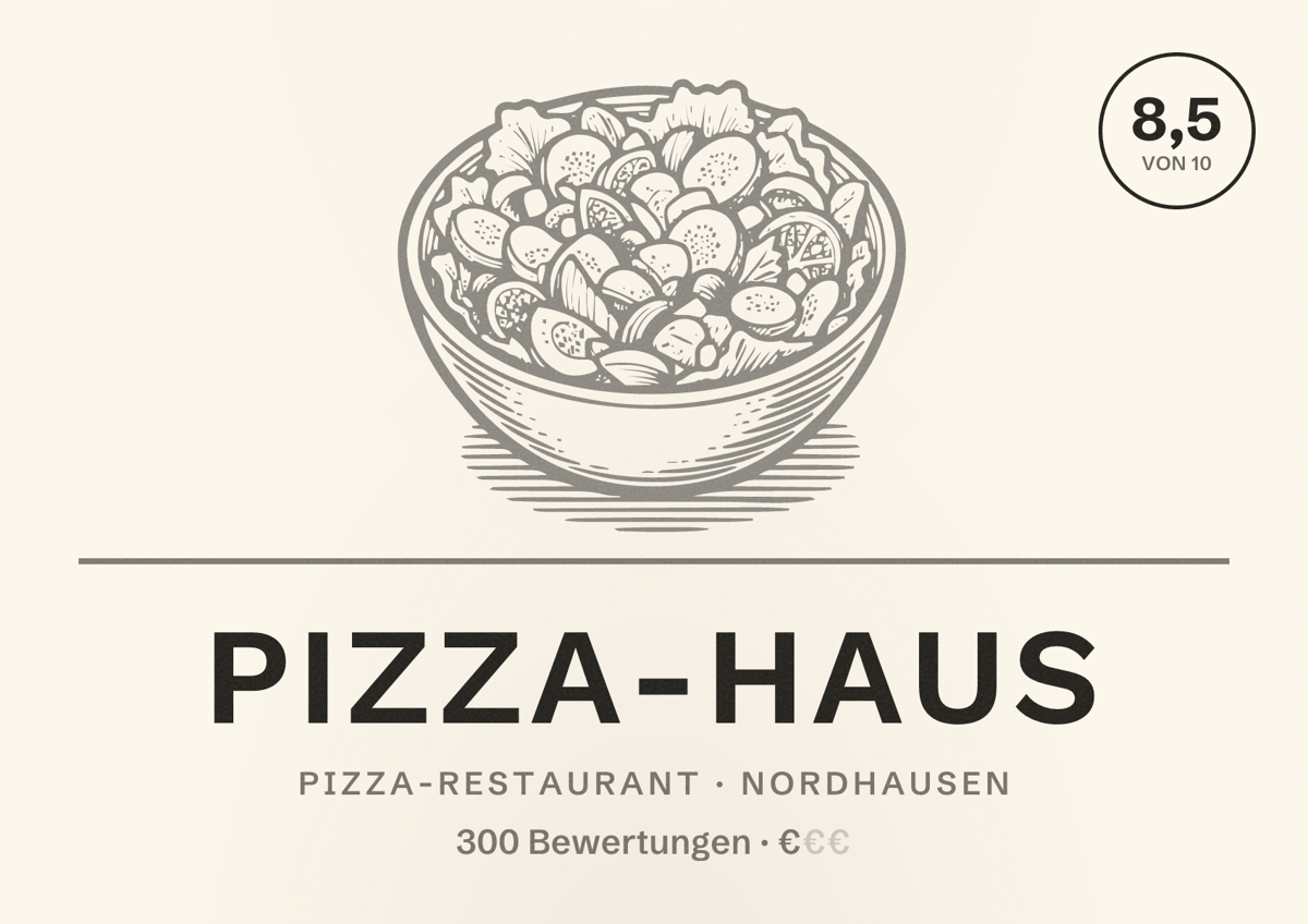 Illustriertes Poster von Pizza-Haus, Pizza-Restaurant in Nordhausen: Bewertung 8,5 von 10 aus 300 Bewertungen, Preisniveau €